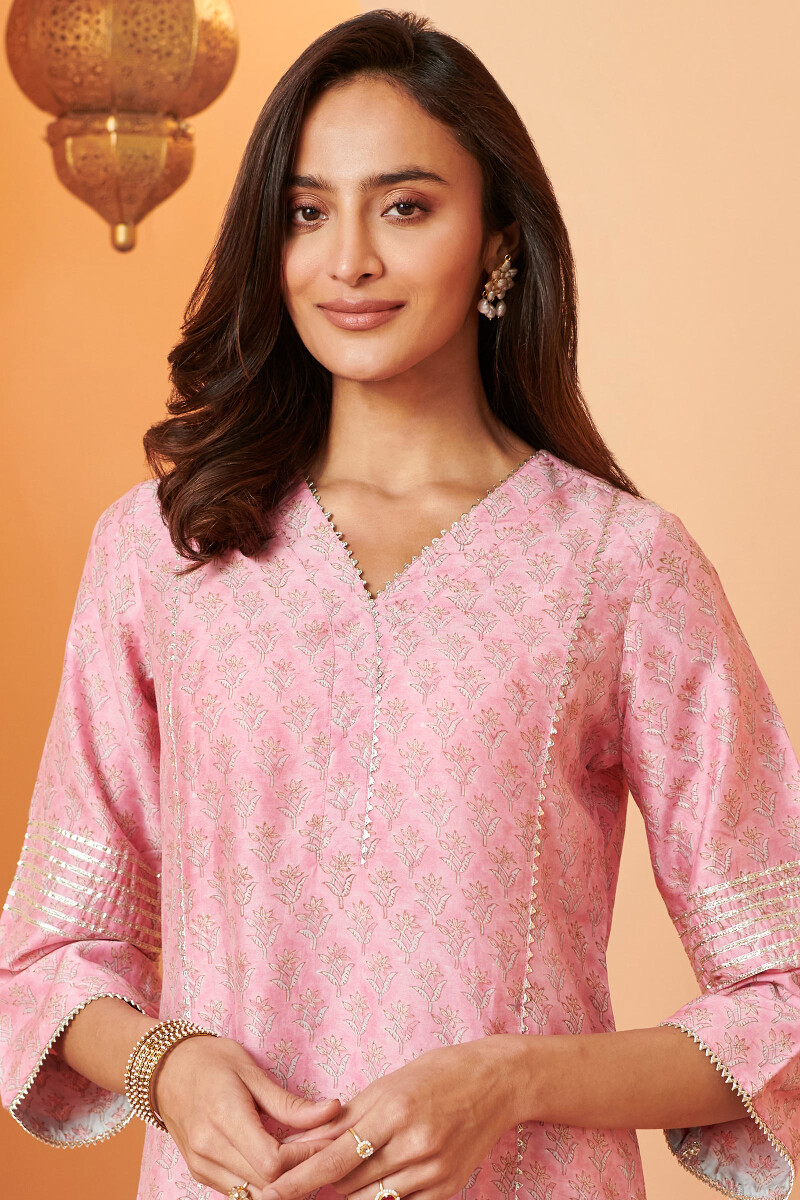 Pink Hand Block Printed A-Line Modal Kurta