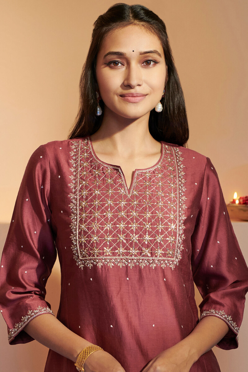 Maroon Handcrafted Straight Chanderi Kurta