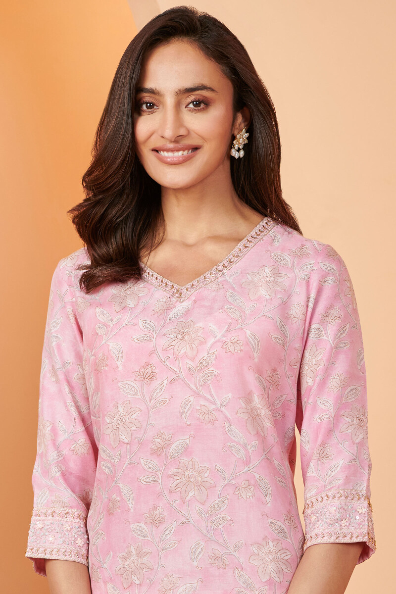 Pink Hand Block Printed Straight Modal Kurta