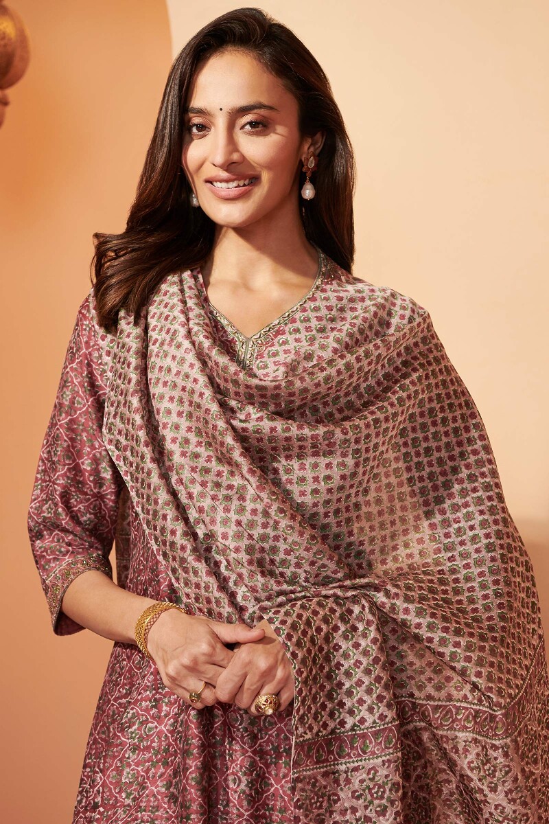 Pink Hand Block Printed Chanderi Dupatta