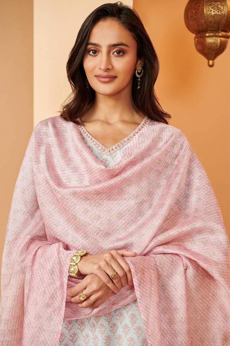 Pink Hand Block Printed Chanderi Dupatta