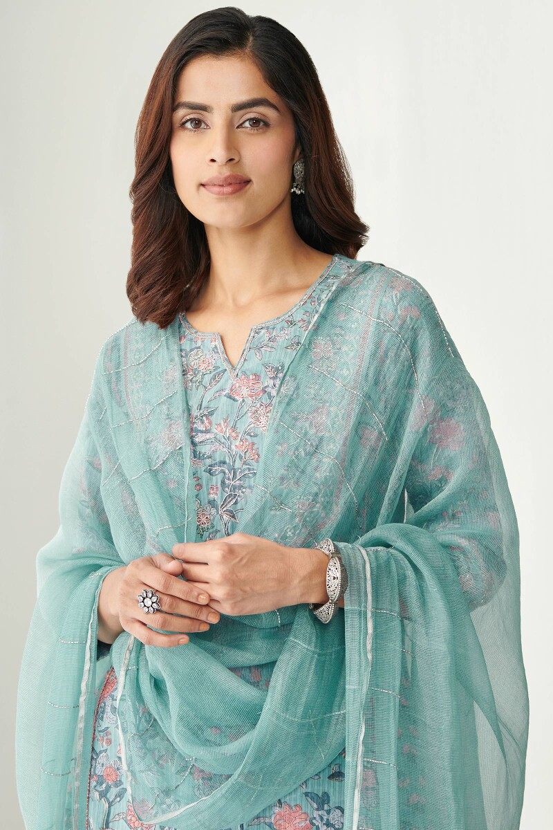 Blue Handcrafted Cotton Silk Dupatta