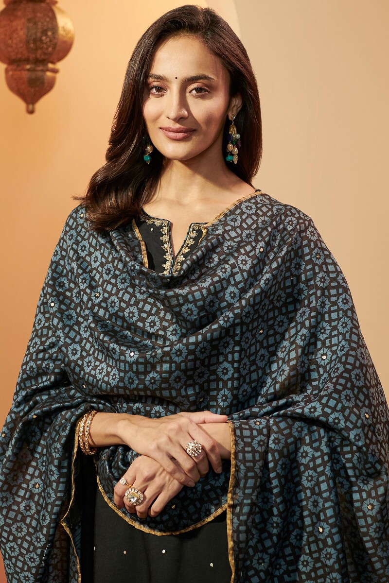 Ajrak Hand Block Printed Chanderi Dupatta