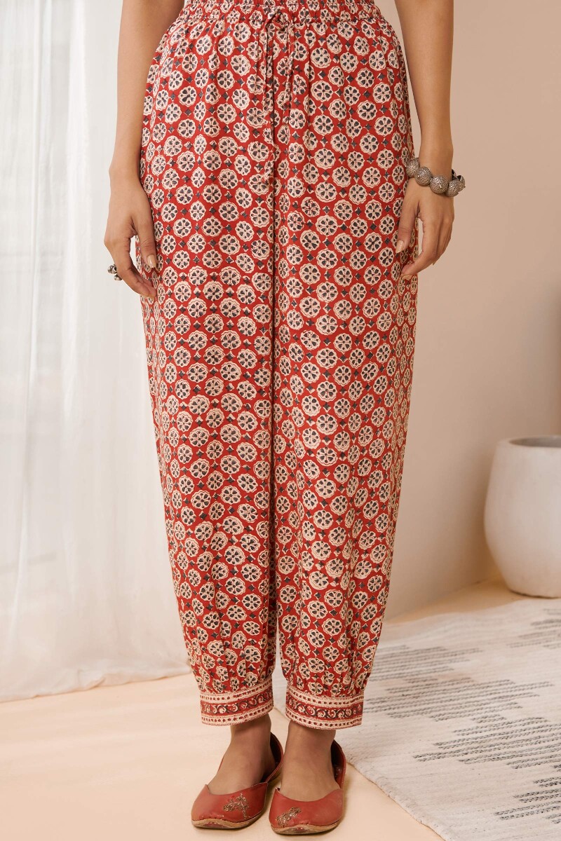 Red Hand Block Printed Modal Izhaar Pants