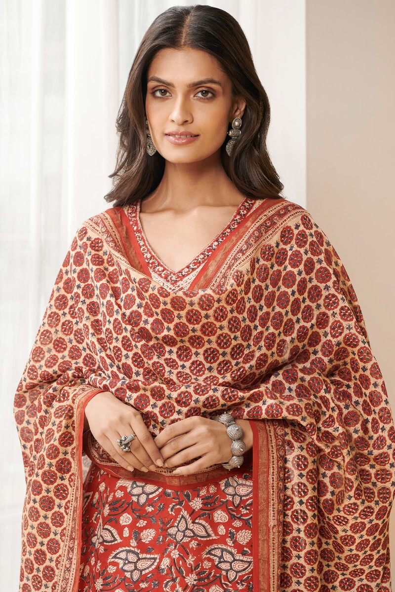Red Hand Block Printed Chanderi Dupatta