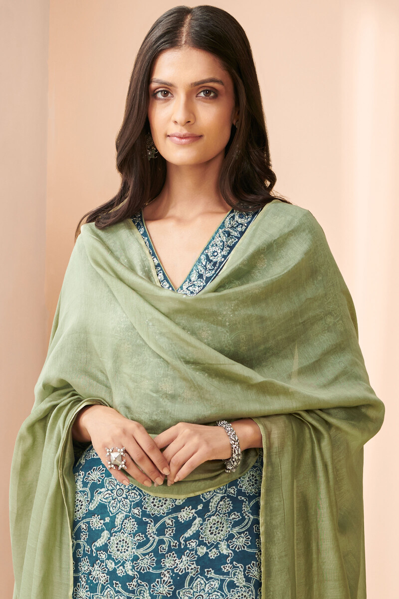 Green Hand Block Printed Cotton Silk Dupatta