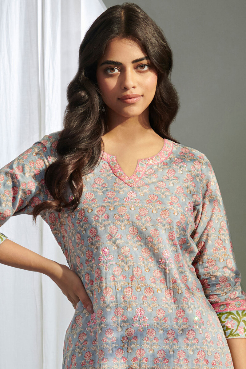 Grey Hand Block Printed Straight Cotton Kurta