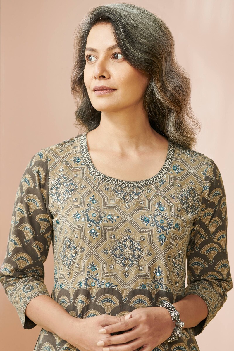 Brown Hand Block Printed Straight Cotton Kurta