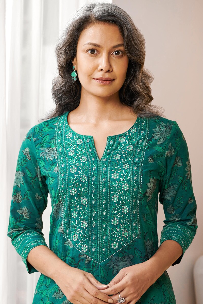 Blue Hand Block Printed Straight Cotton Kurta