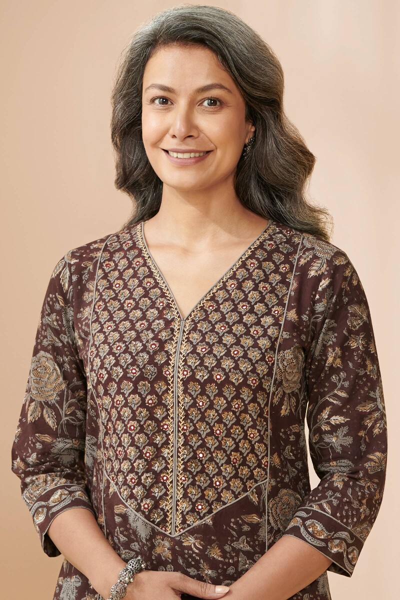 Brown Hand Block Printed A-Line Cotton Kurta