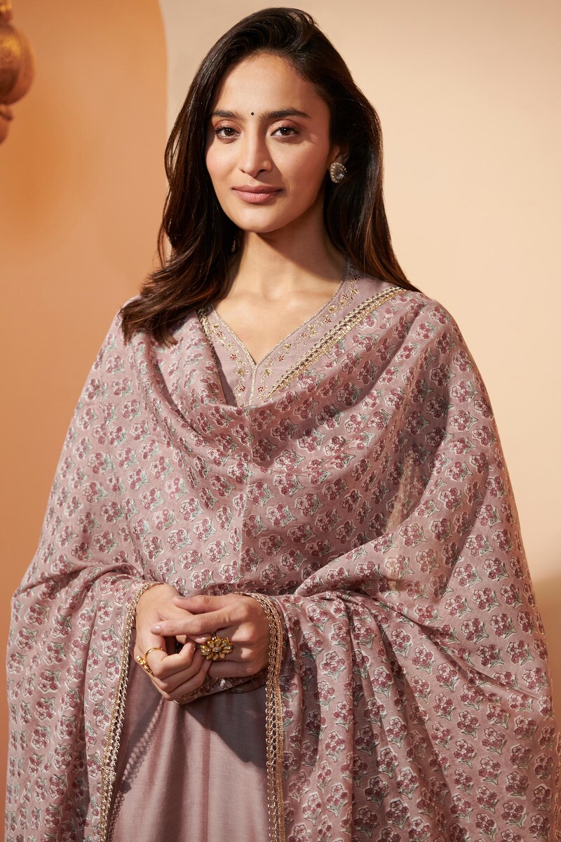 Brown Hand Block Printed Cotton Silk Dupatta