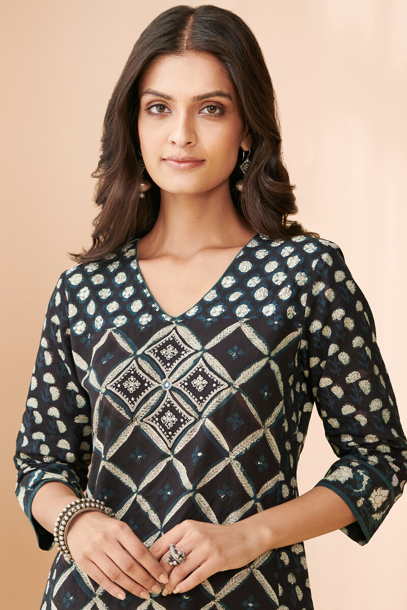 Black Hand Block Printed Straight Cotton Kurta