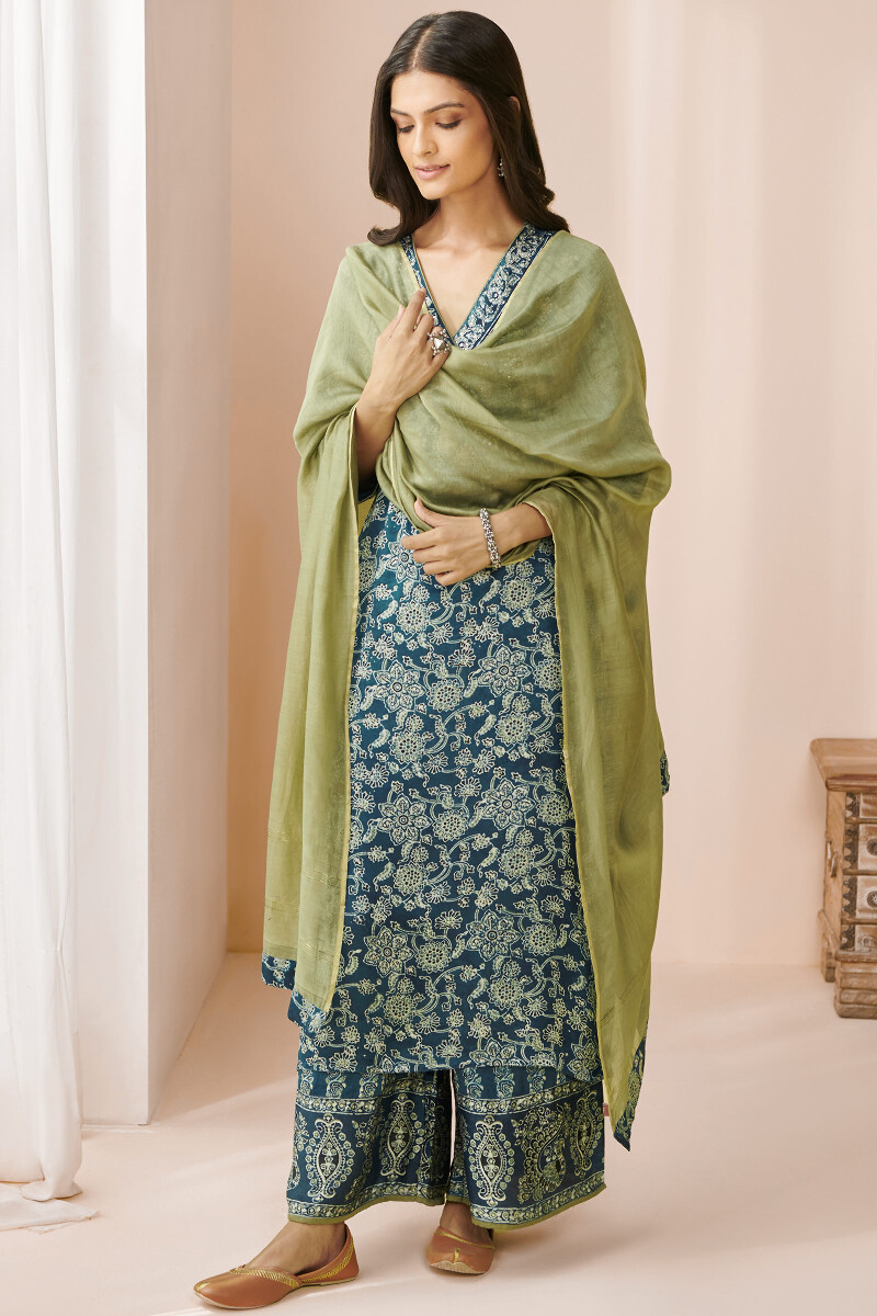 Green Hand Block Printed Cotton Silk Dupatta
