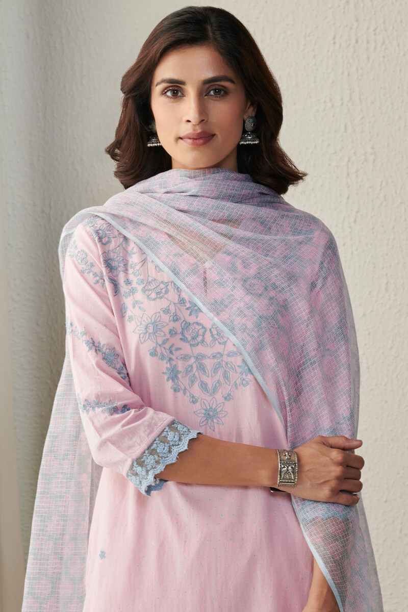 Grey Block Printed Kota Dupatta