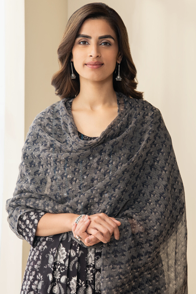 Black Hand Block Printed Kota Dupatta