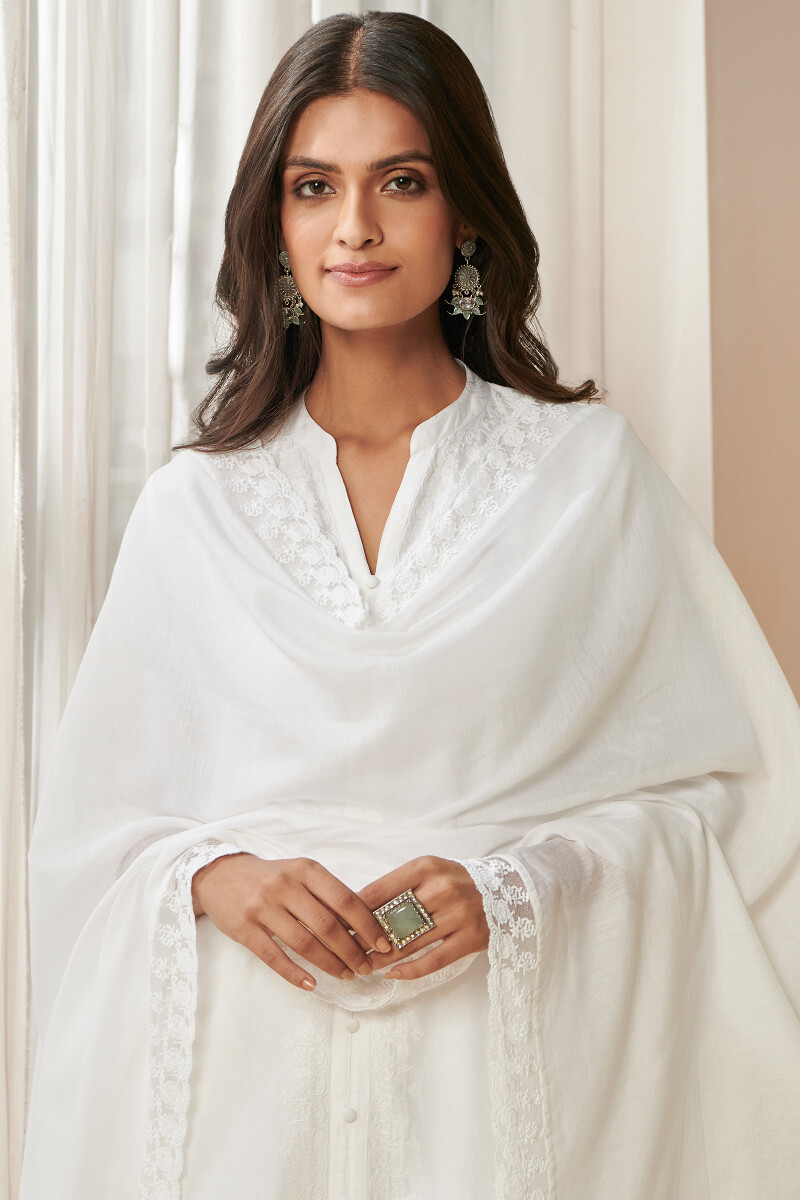 White Handcrafted Cotton Silk Dupatta