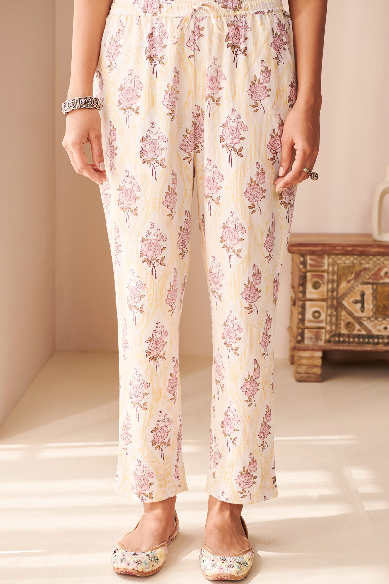 Yellow Hand Block Printed Cotton Narrow Pants