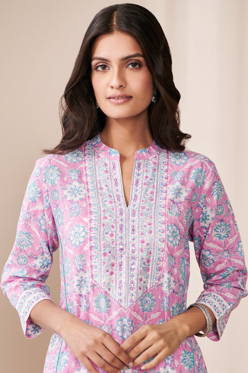 Purple Hand Block Printed Straight Cotton Kurta