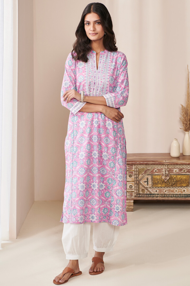 Purple Hand Block Printed Straight Cotton Kurta