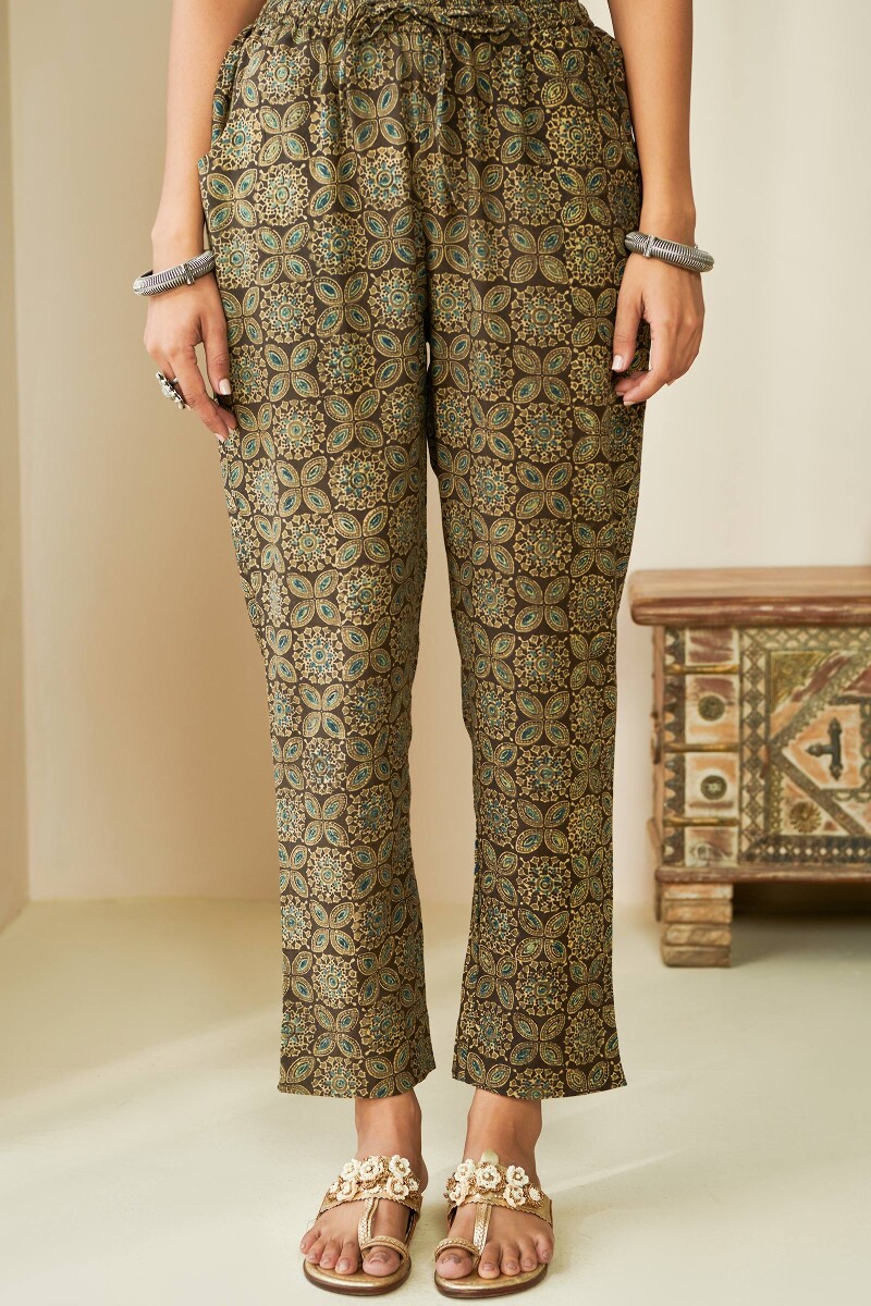 Brown Hand Block Printed Cotton Narrow Pants
