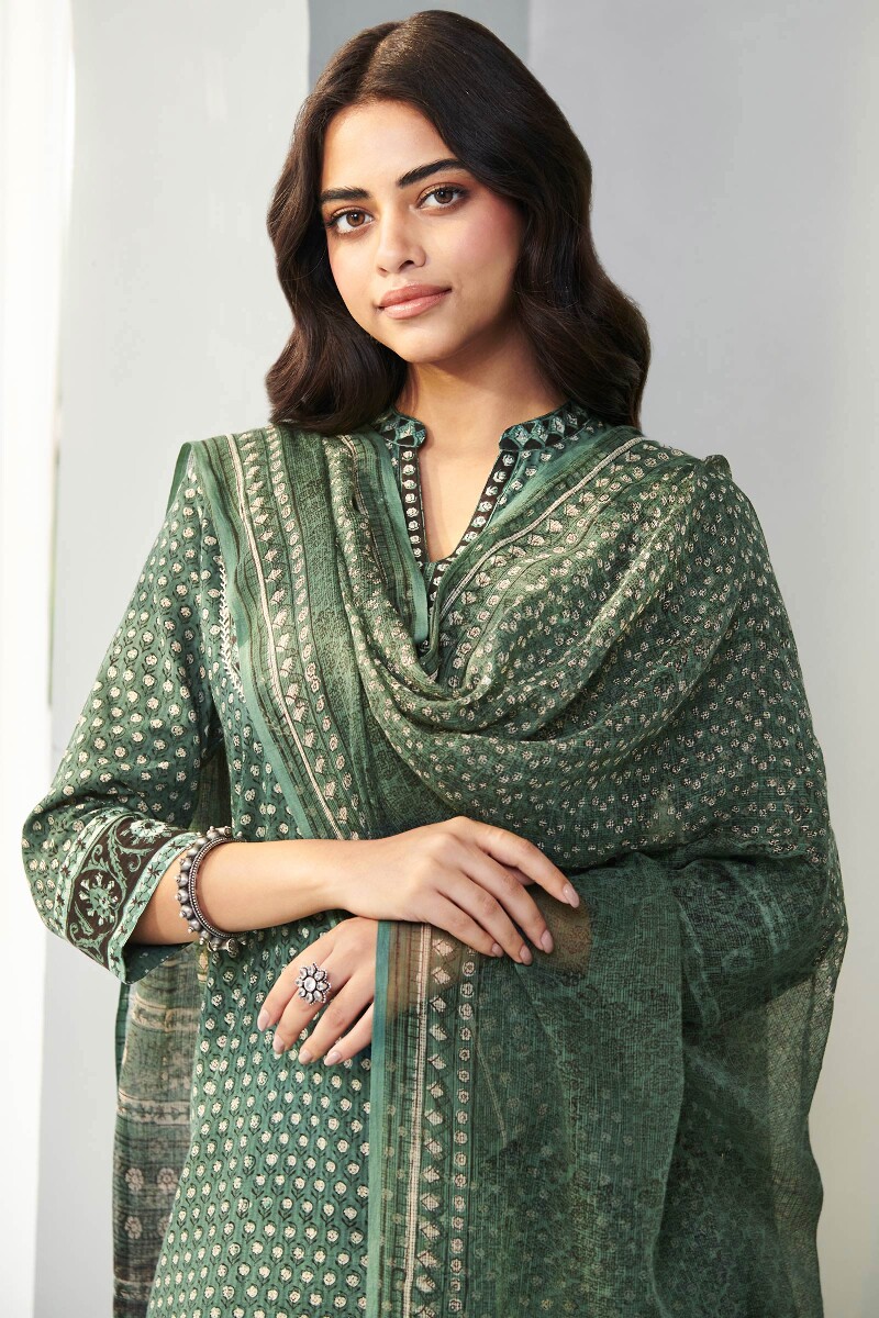 Green Hand Block Printed Kota Dupatta