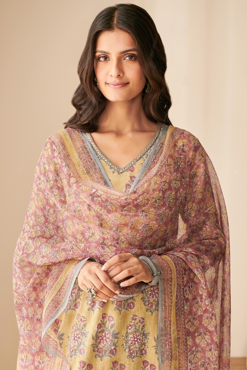 Mustard Hand Block Printed Kota Dupatta