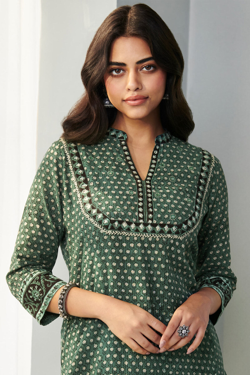 Green Hand Block Printed Straight Cotton Kurta