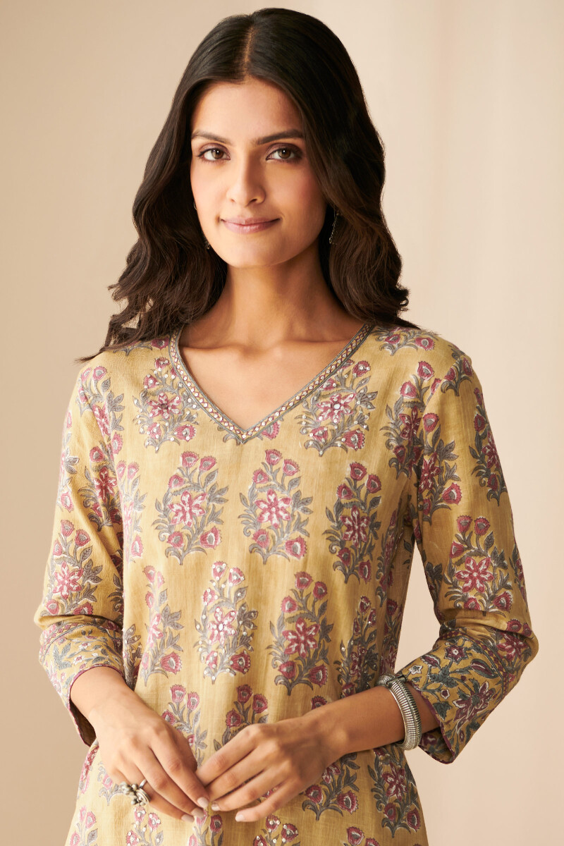 Mustard Hand Block Printed Straight Cotton Slub Kurta