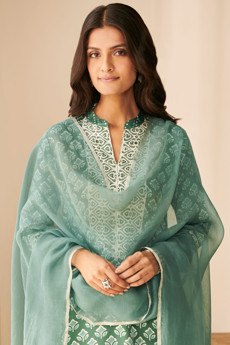 Turquoise Handcrafted Cotton Silk Dupatta