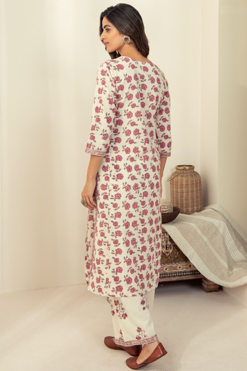 Off-White Hand Block Printed Straight Cotton Kurta