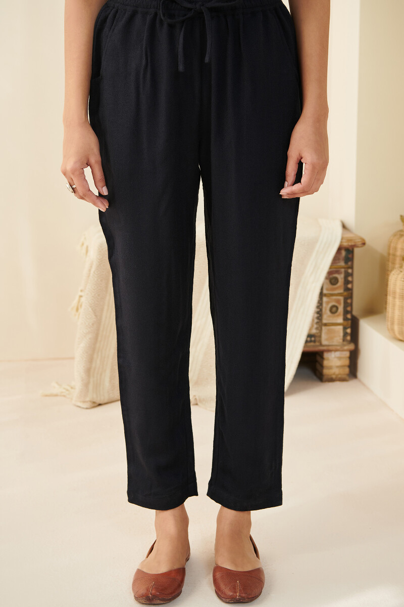 Black Handcrafted Faux Wool Handloom Narrow Pants