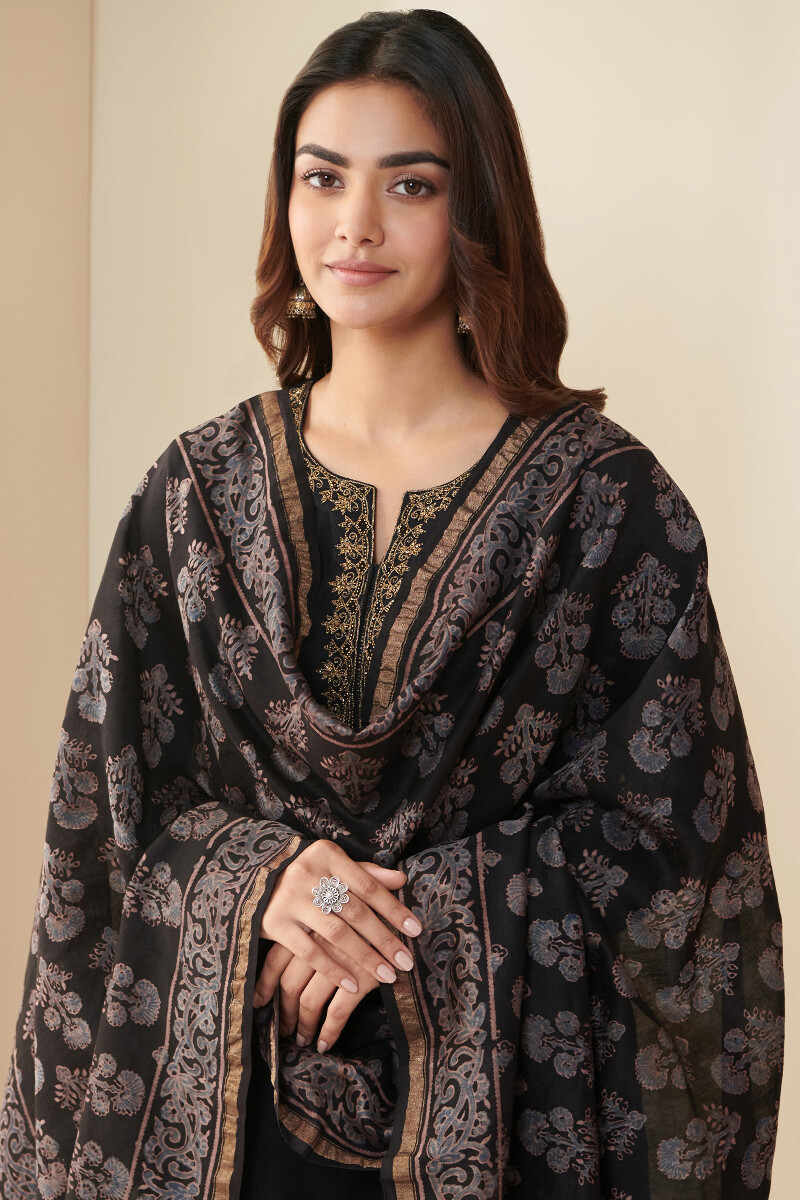 Black Hand Block Printed Chanderi Dupatta