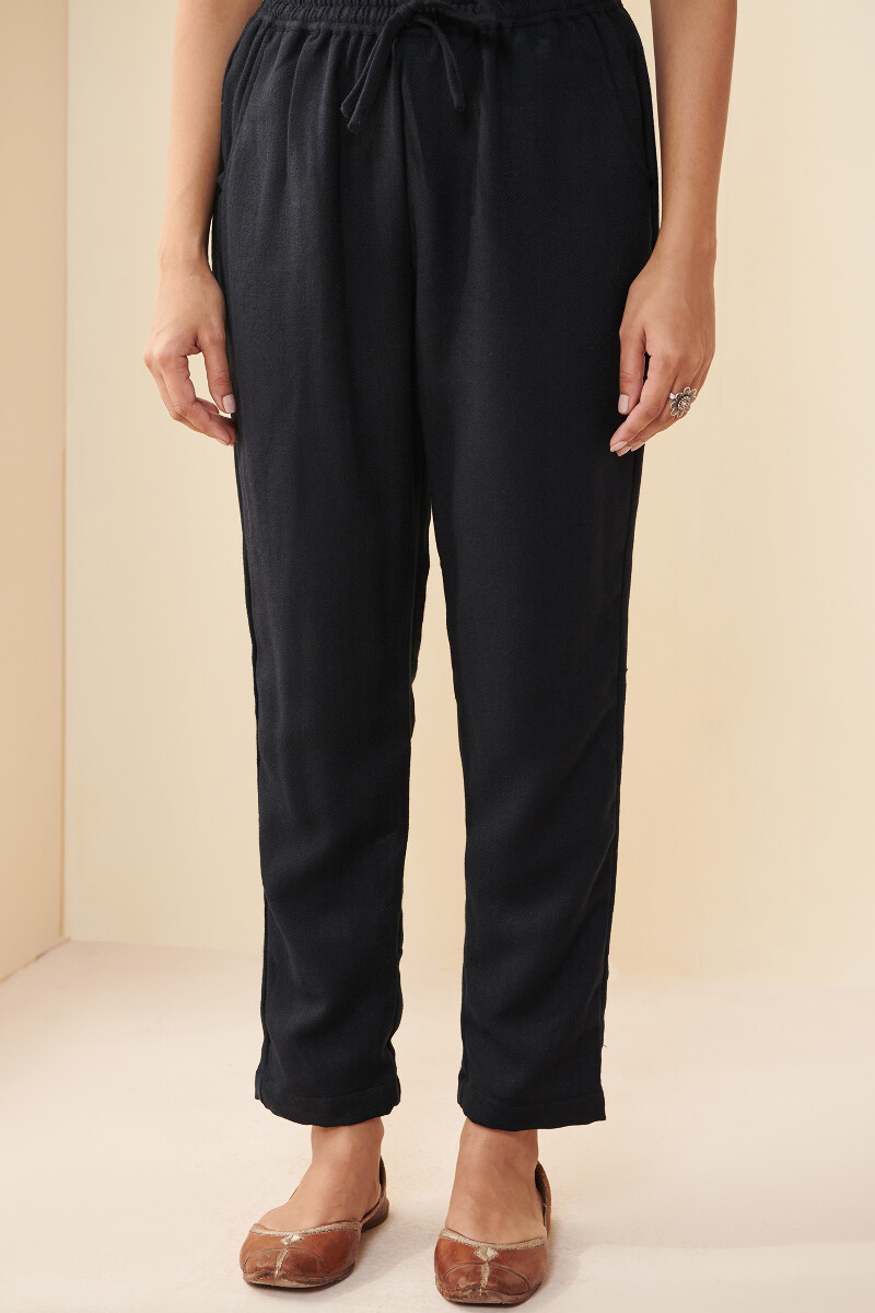 Black Handcrafted Faux Wool Narrow Pants