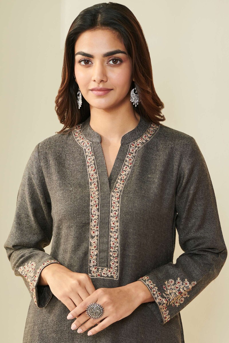 Brown Handcrafted Straight Faux Wool Kurta