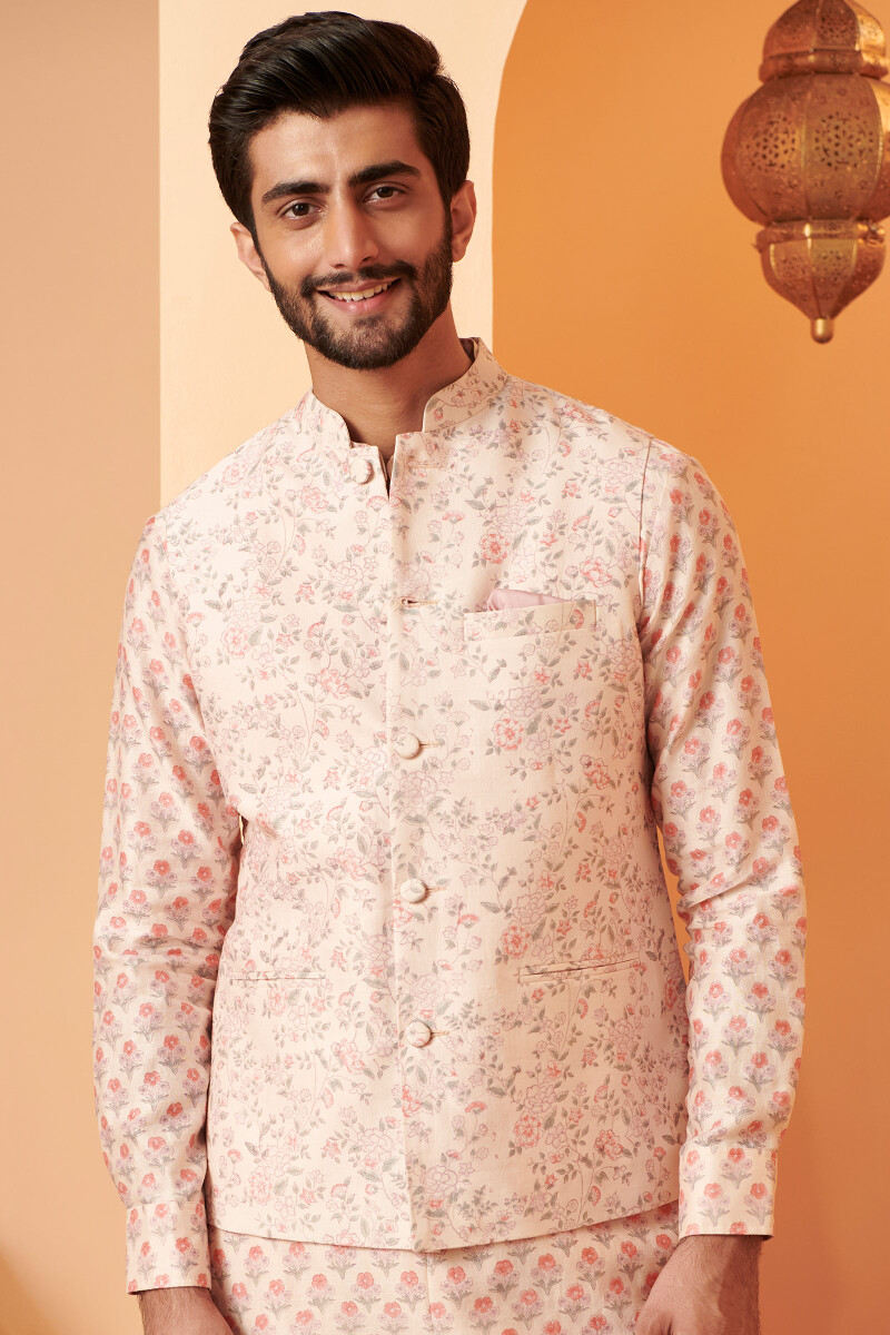 Pink Hand Block Printed Chanderi Nehru Jacket