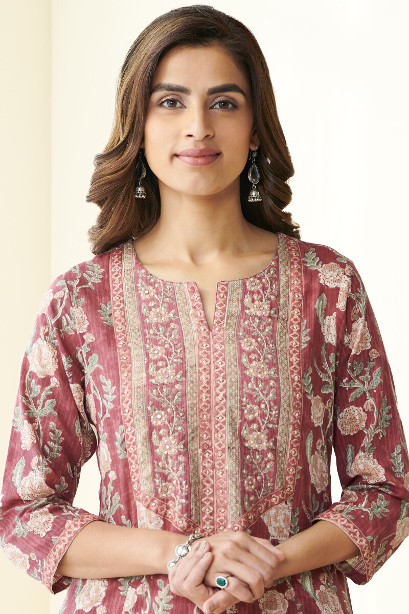 Maroon Hand Block Printed Straight Cotton Kurta