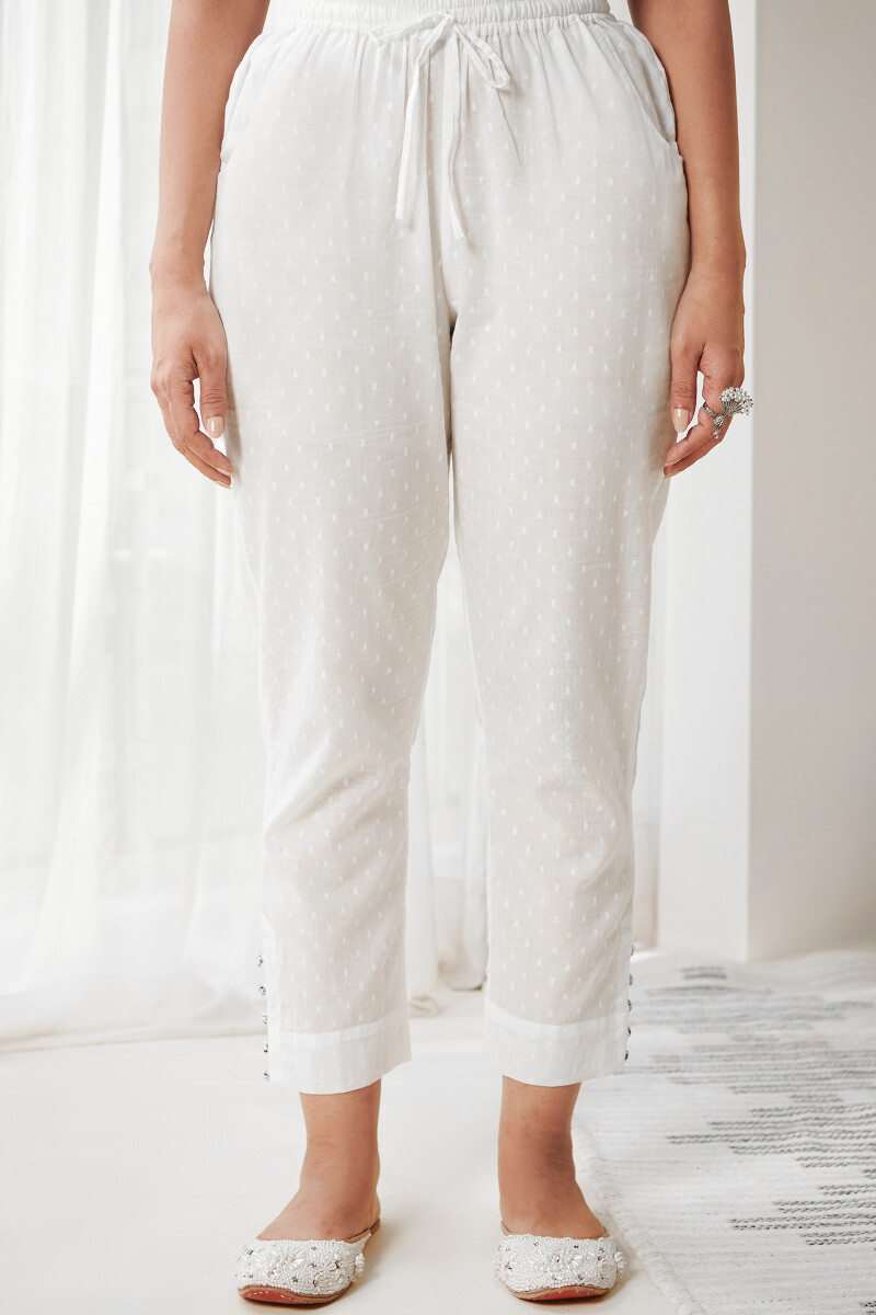 White Handcrafted Cotton Narrow Pants