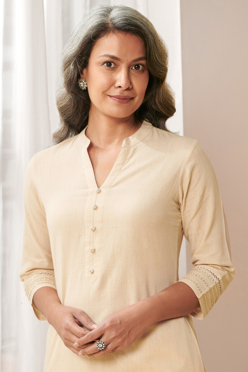Beige Handcrafted Straight Cotton Kurta