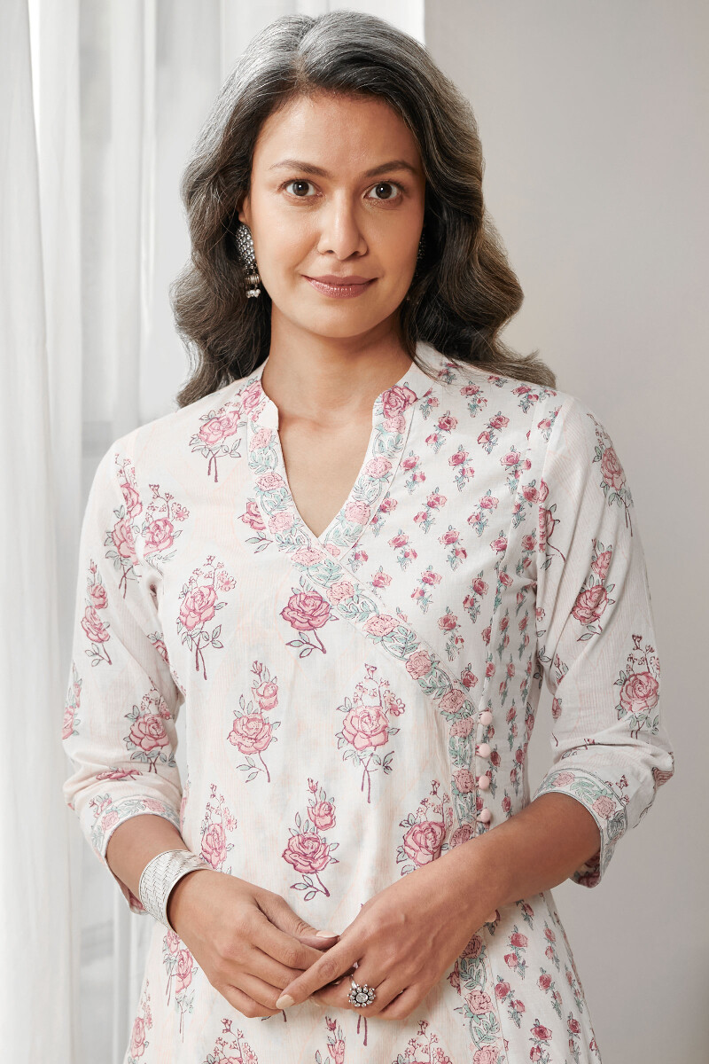 White Hand Block Printed Angrakha Cotton Kurta