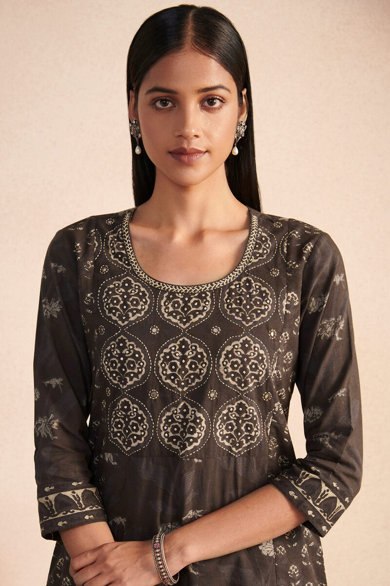 Brown Hand Block Printed Straight Cotton Kurta
