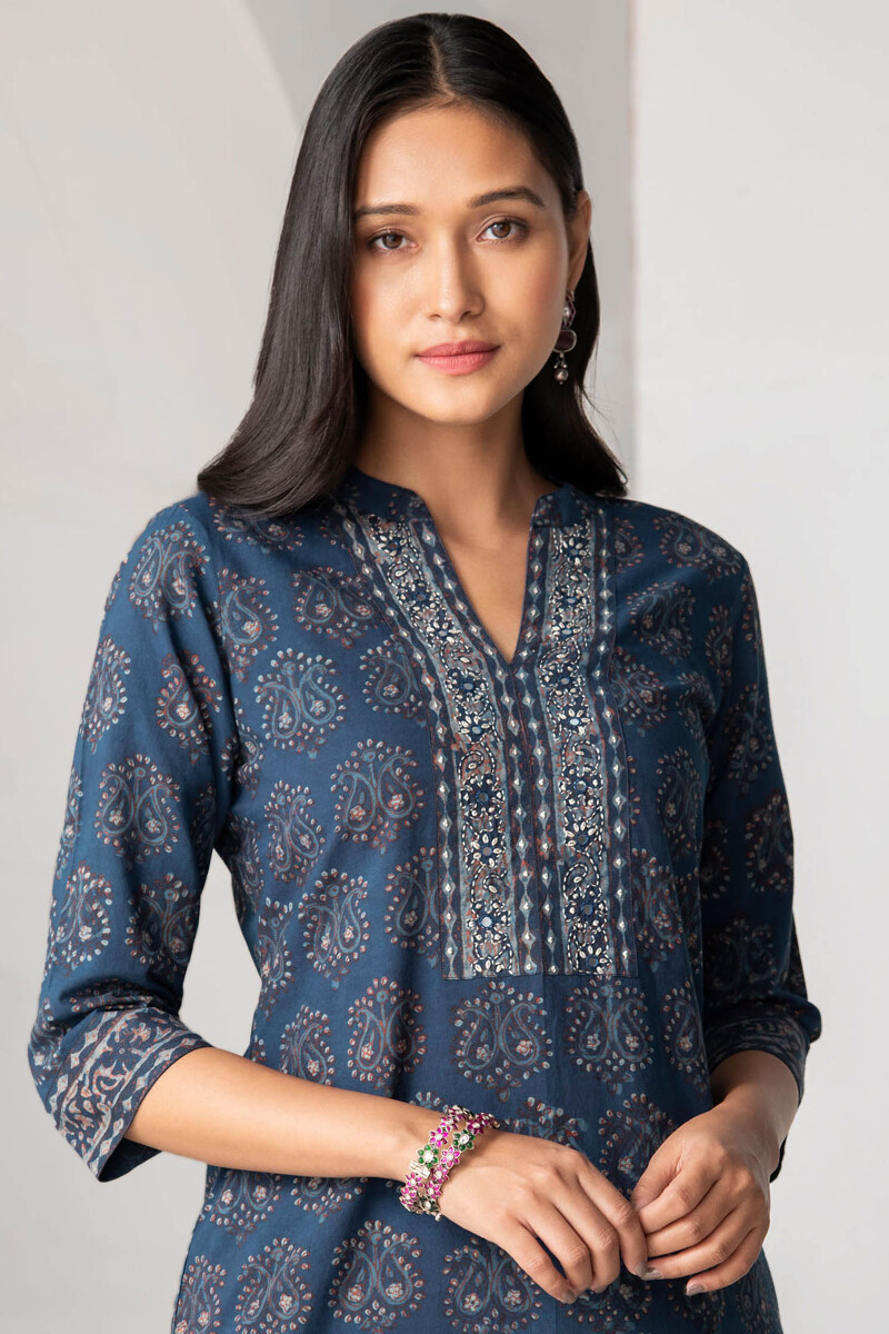 Indigo Hand Block Printed Straight Cotton Kurta