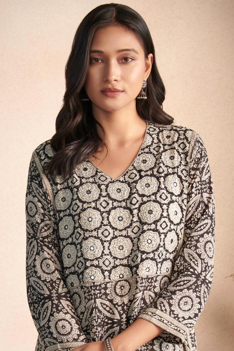 Black Hand Block Printed Straight Modal Kurta
