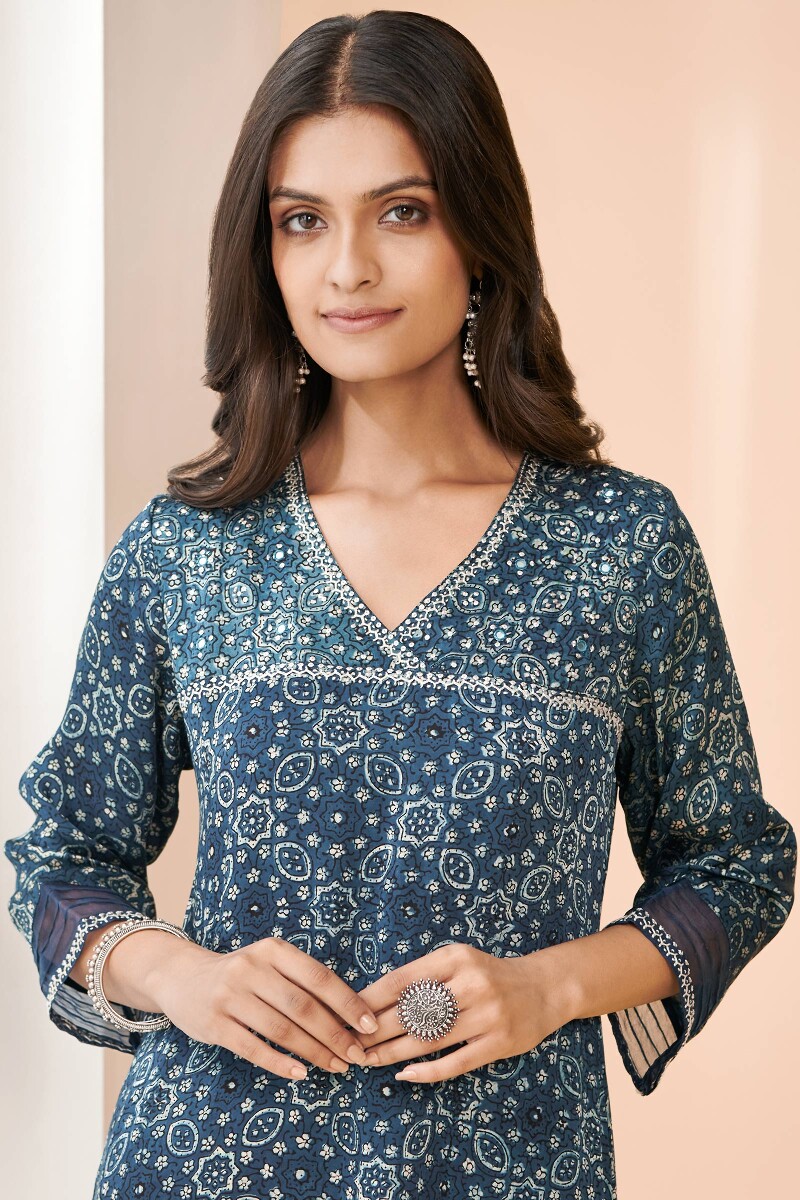 Indigo Hand Block Printed Straight Modal Kurta