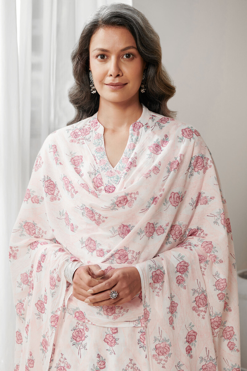 White Hand Block Printed Cotton Dupatta