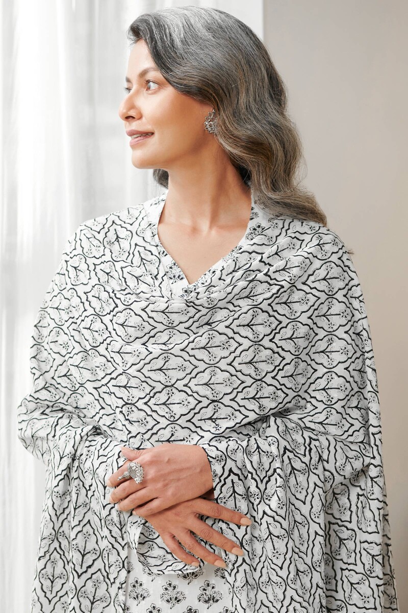 White Hand Block Printed Cotton Dupatta