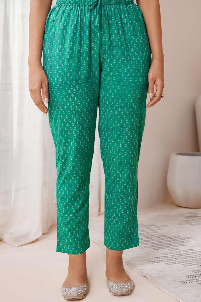 Green Hand Block Printed Cotton Narrow Pants