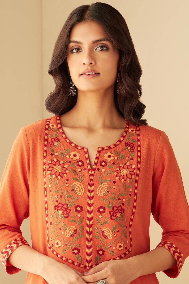 Orange Handcrafted Straight Cotton Flax Kurta