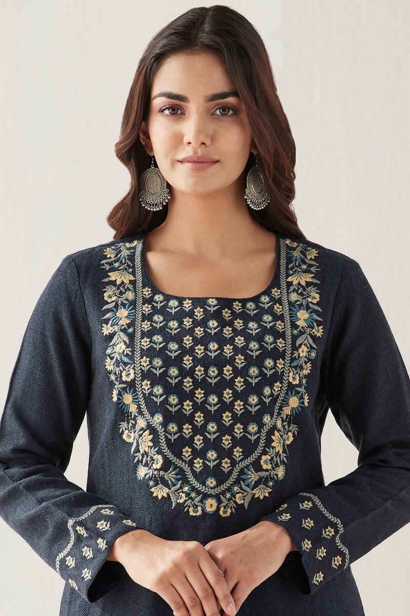Blue Handcrafted Straight Faux Wool Kurta