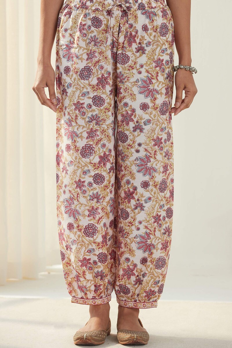 Beige Hand Block Printed Silky Modal Izhaar Pants