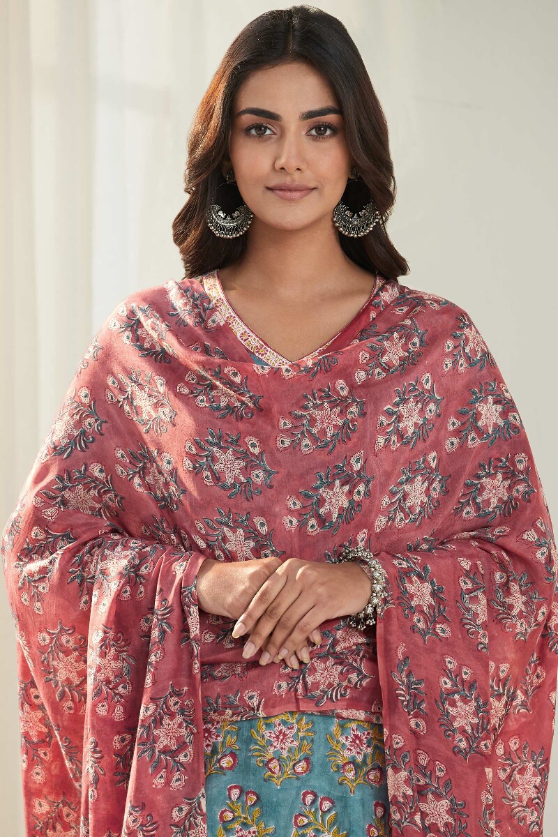Red Hand Block Printed Silky Modal Dupatta